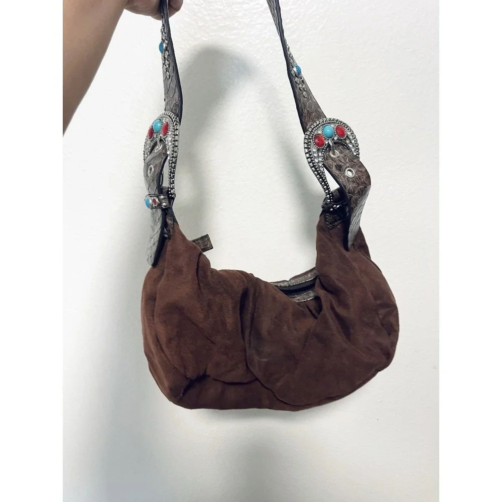 Western Brown Suede Hobo Purse Turquoise Concho Cowgirl Boho Shoulder Bag Y2K‎